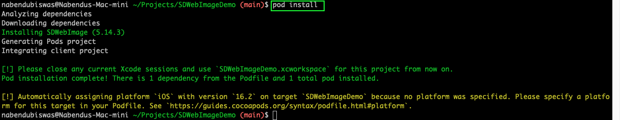 highlights "pod install" 