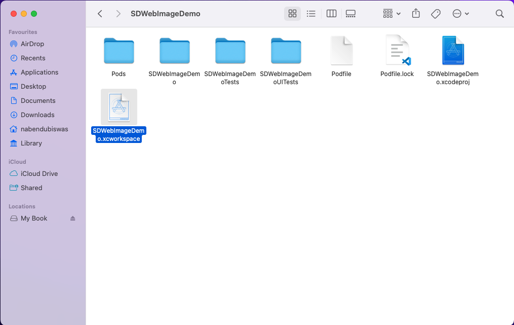 Image shows "SDWebImageDemo.xcworkspace" selected