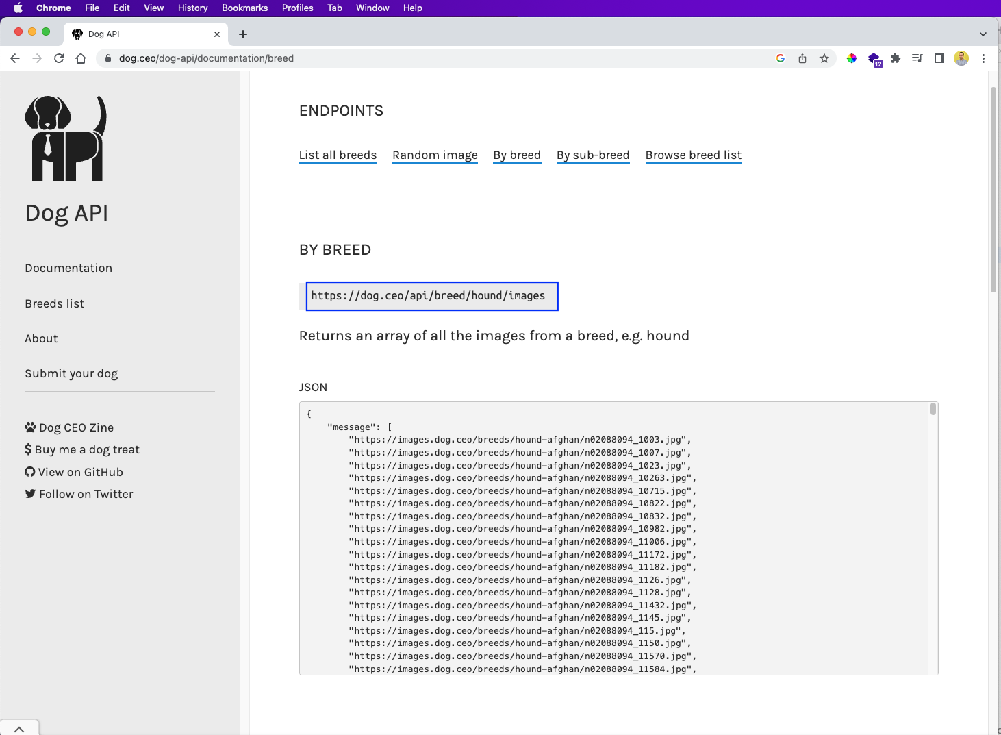 image highlights "https://dog.ceo/api/breed/hound/images"