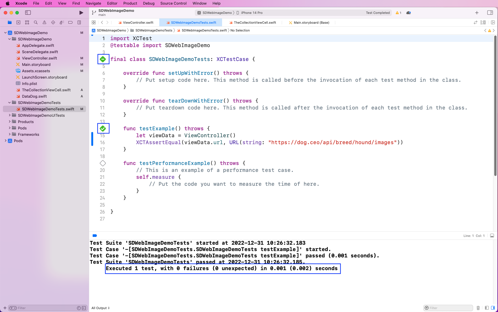 highlights test play buttons being clicked and "Executed 1 test, with 0 failures (0 unexpected) in 0.001 (0.002) seconds"