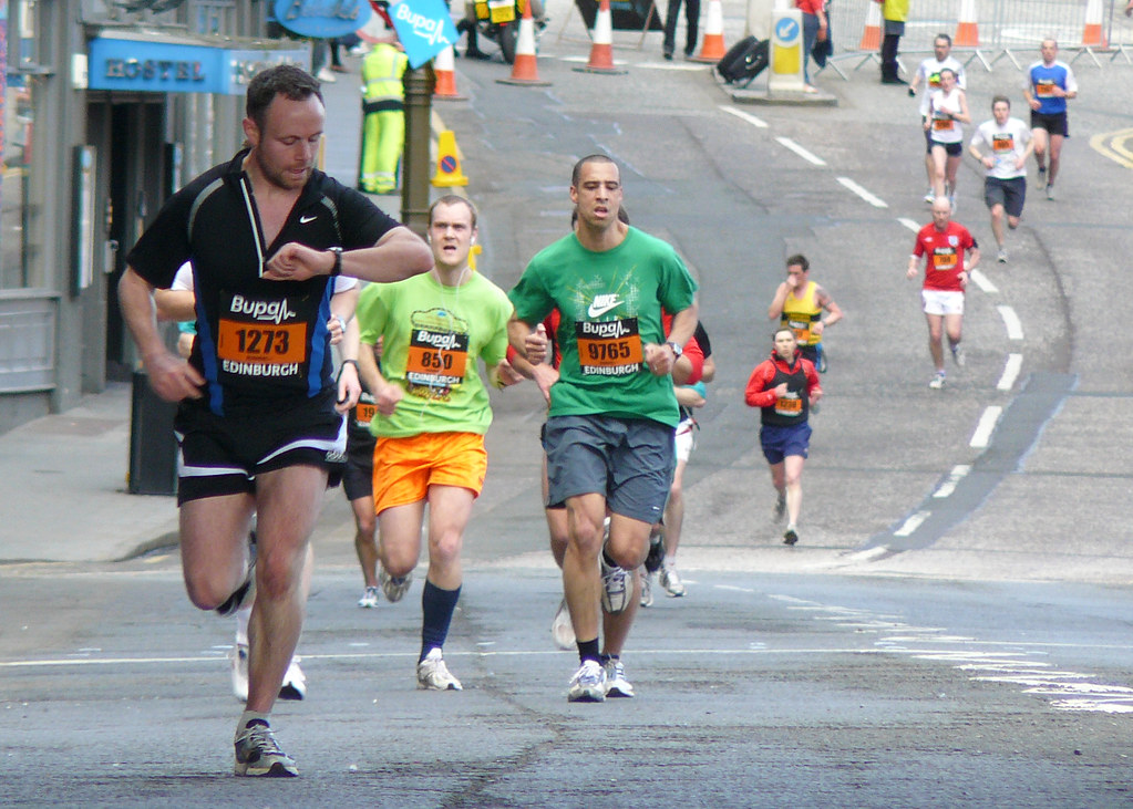 Runners competing during the Edinburgh Marathon in Scotland.