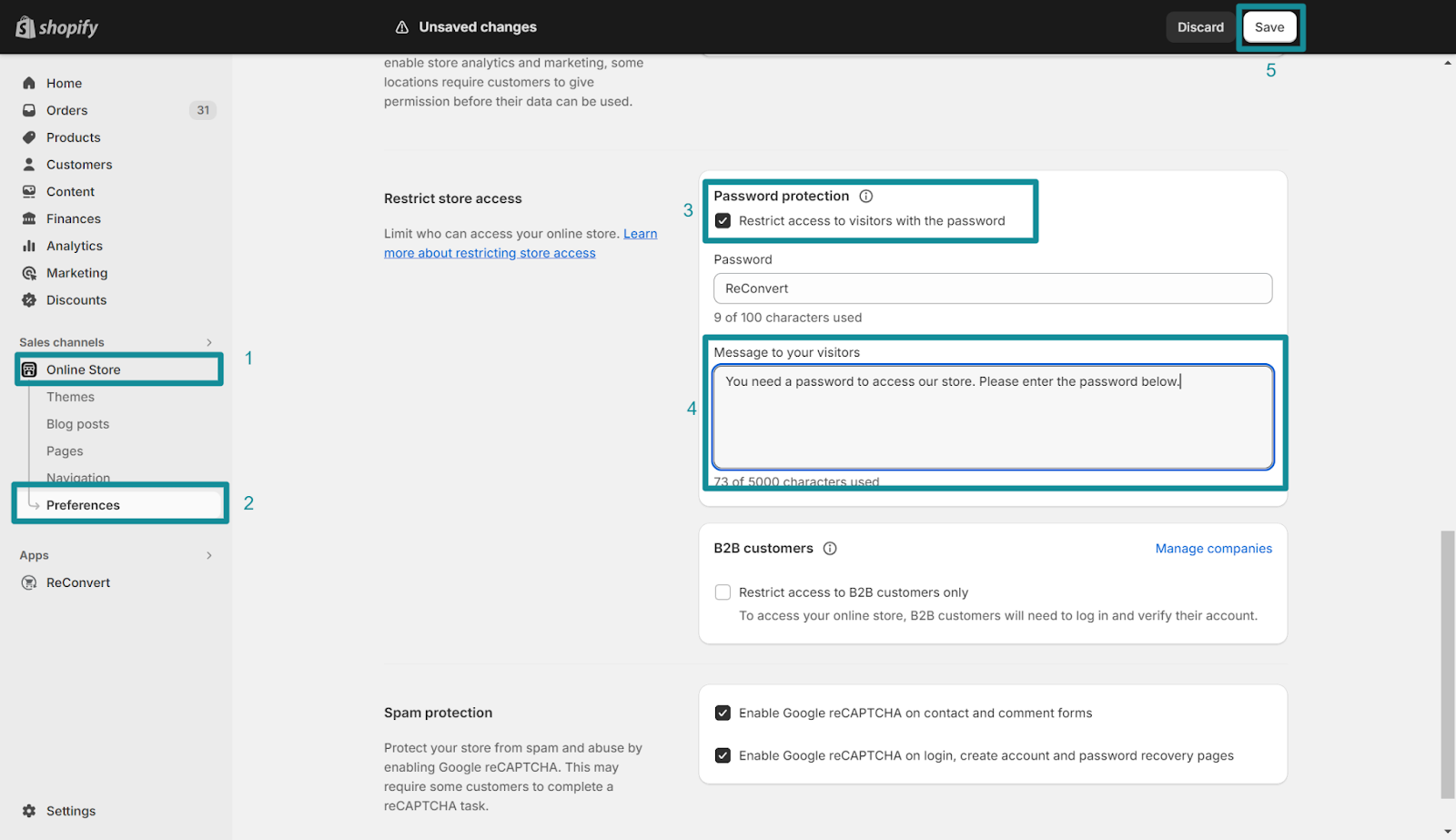 a screenshot showing the steps to add password protection to your shopify store