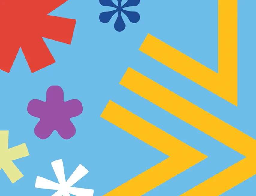 Abstract design of shapes in reds, yellows, and blues