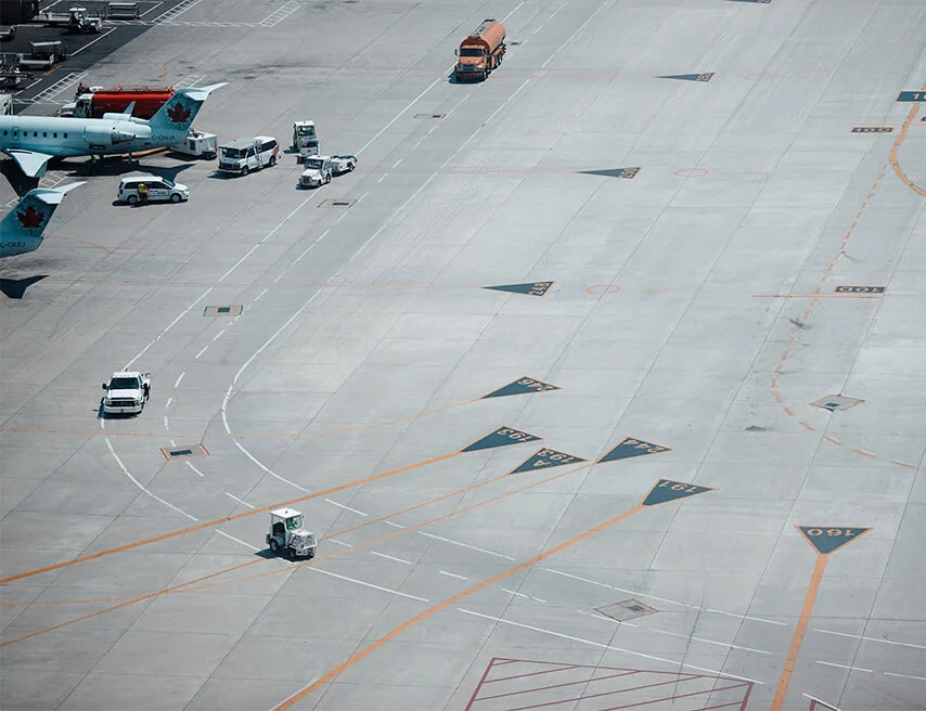 Zoomed out view of an airport tarmac