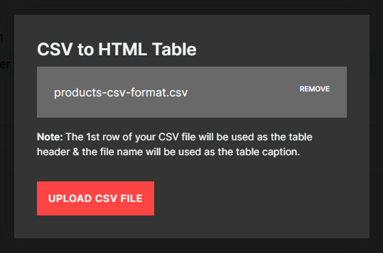 product csv file being uploaded to the app