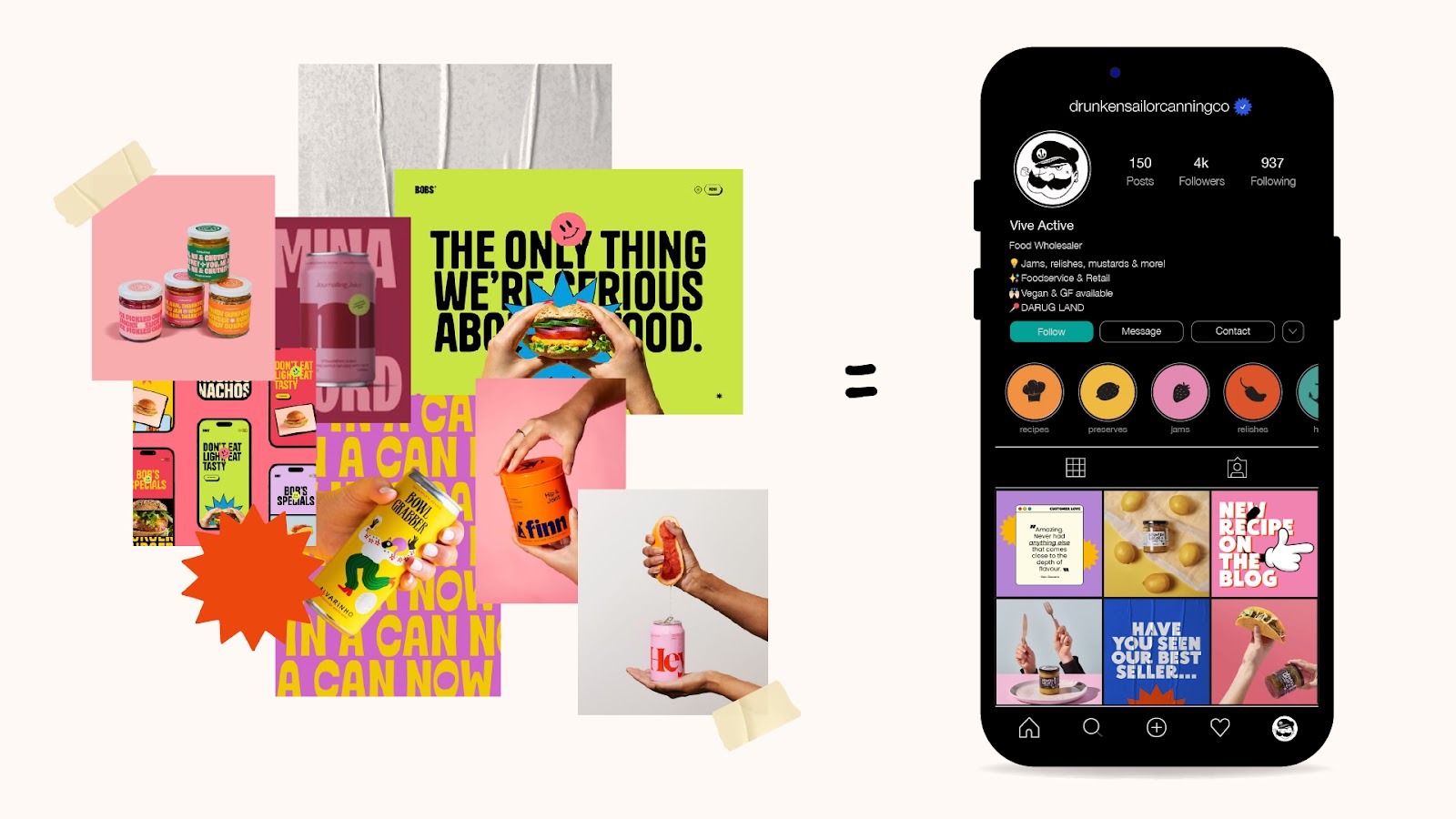 Moodboard for a food brand, of vibrant posters and an iphone 