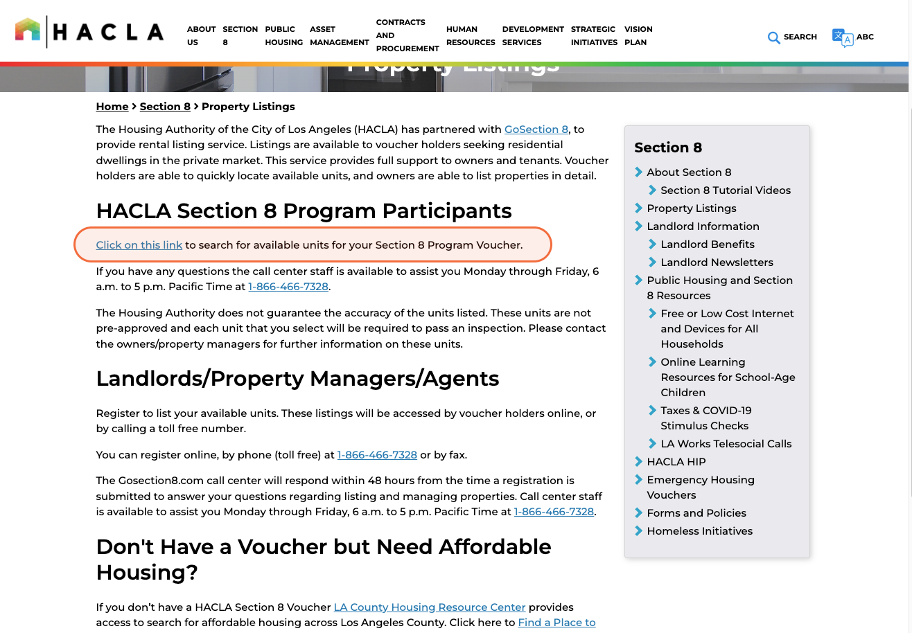 screenshot of the HACLA website with a link to affordablehousing.com