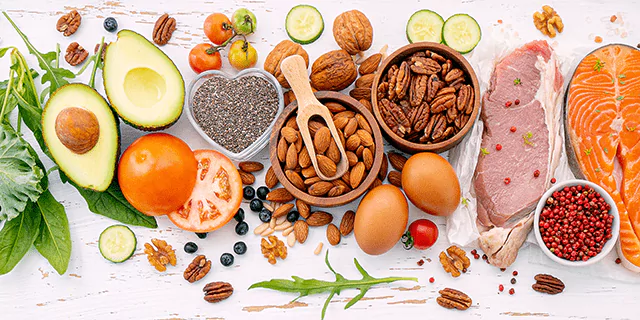 meat, fish, nuts, eggs, avocado and chia seeds