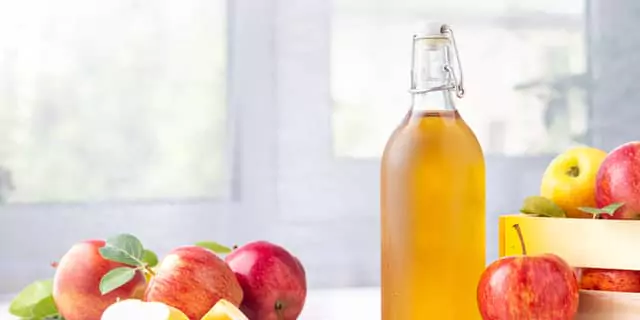 a bottle of apple cider vinegar and apples