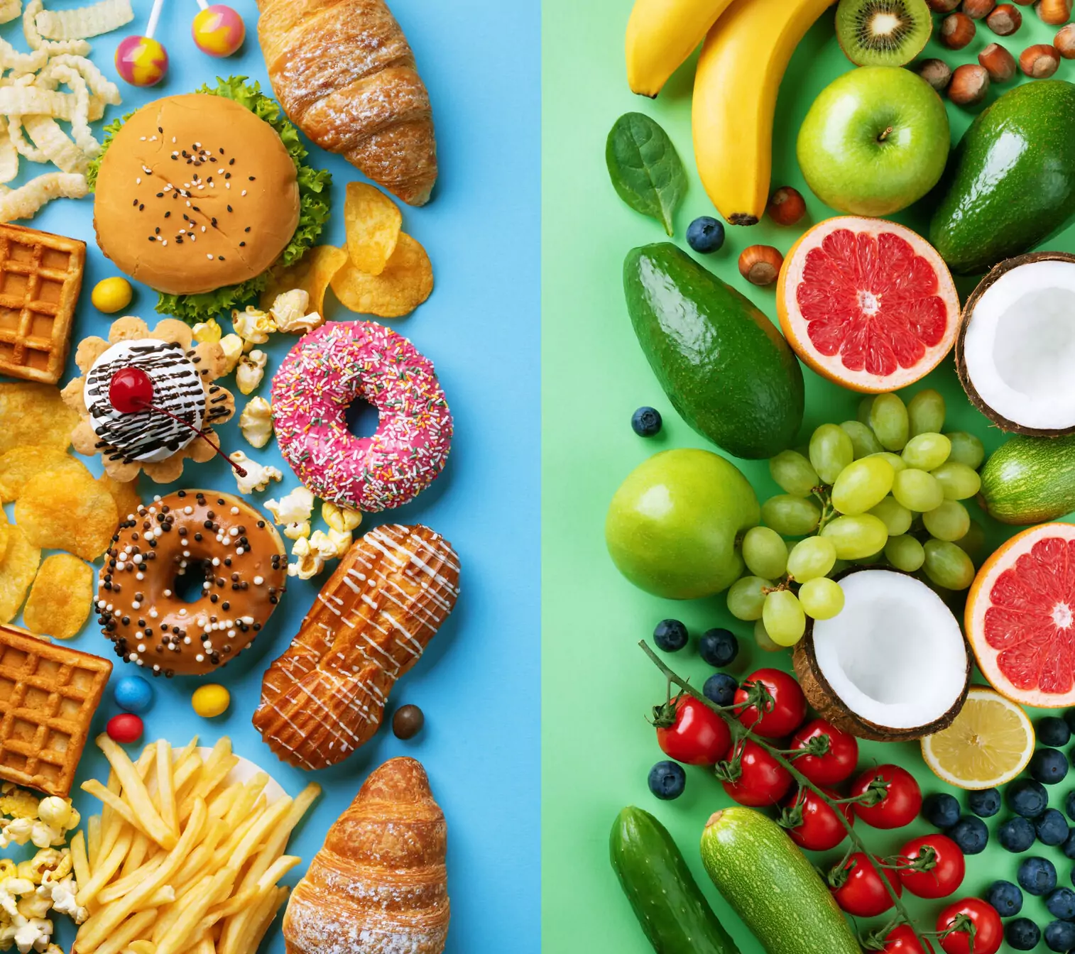 on the right part of the picture there are sweets and fast food, n the left part of the picture there are fruits, nuts, veggies, nuts and berries