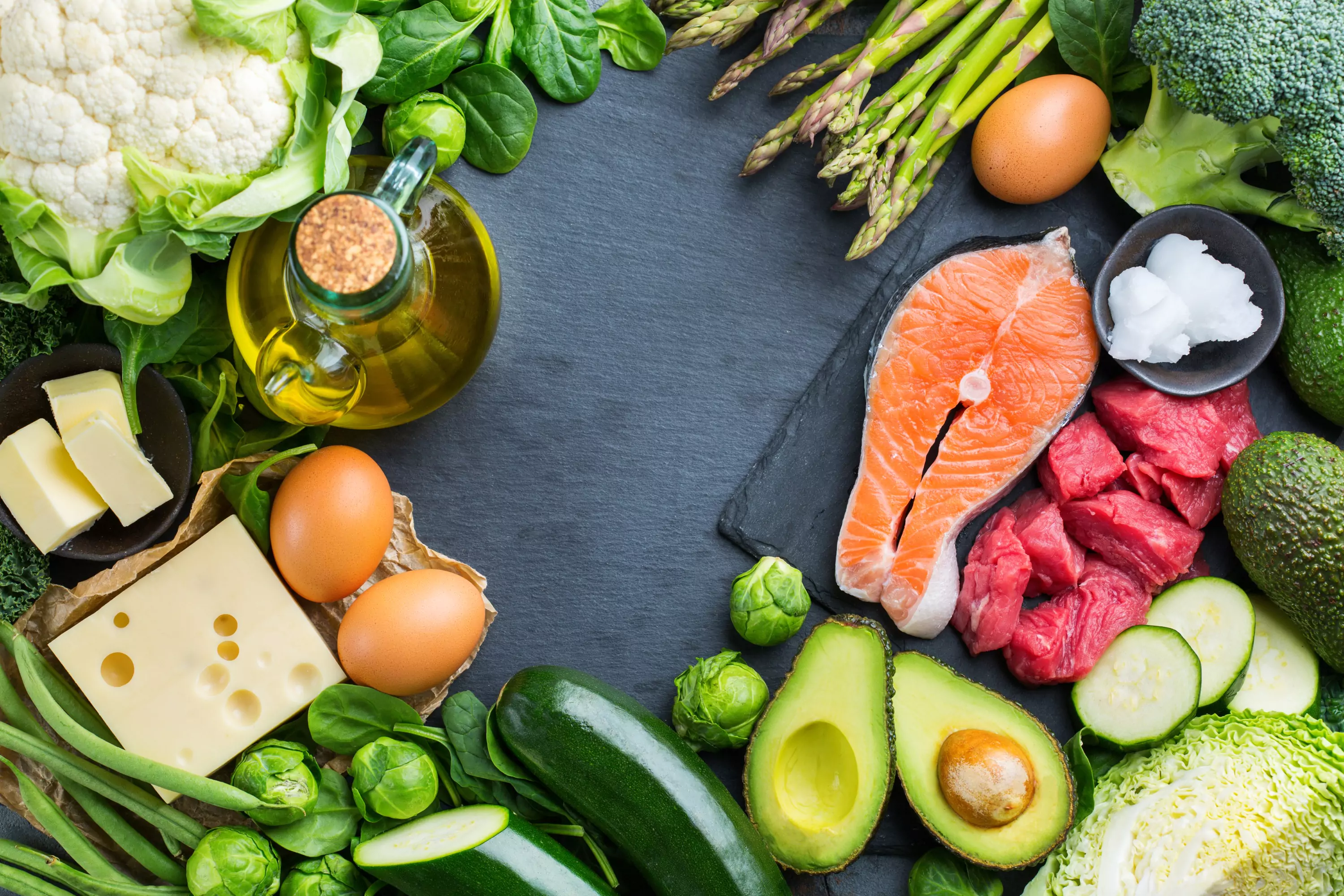 fish, meat, eggs, cheese, butter, a bottle of oil, avocado, cauliflowers, asparagus, cabbage