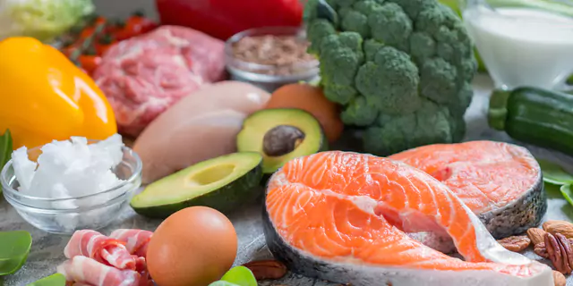 meat, fish, eggs, bacon, broccoli, nuts and vegies