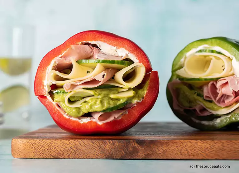 Bell pepper sandwich with deli meat, cucumber, and mayo