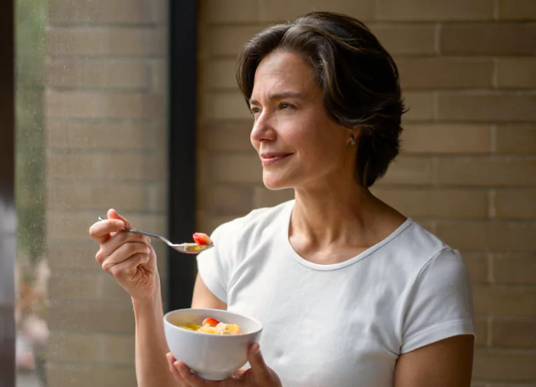An older person with short black hair in a white t shirt, eating fruit and looking out of the window