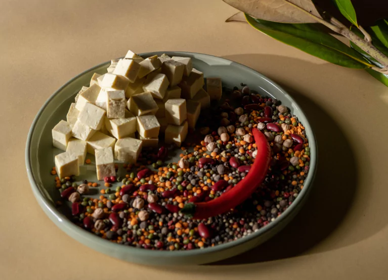 a plate of tofu and spices