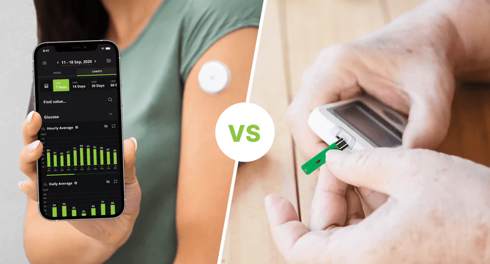 one person checking glucose level in their body using BGM and another do so using CGM