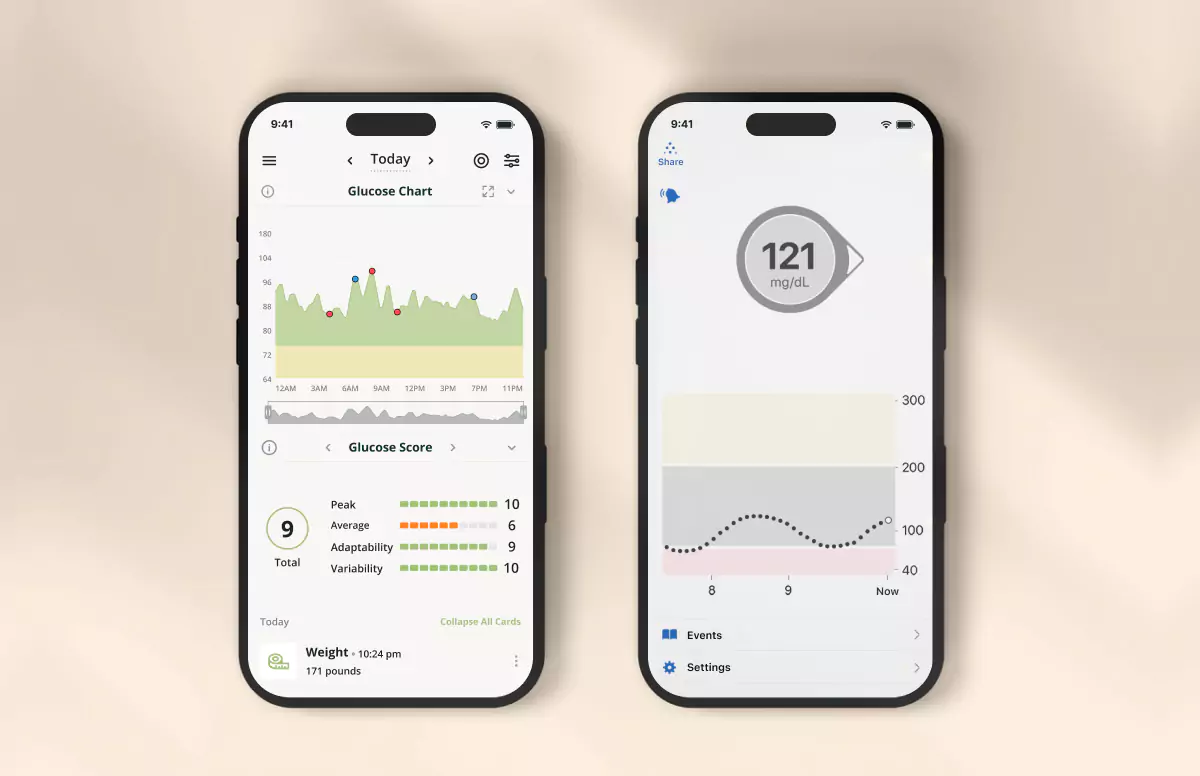 Two mobile phones with the screen facing up, one showing the Nutrisense app and the other with the Dexcom G6 Suite of Apps