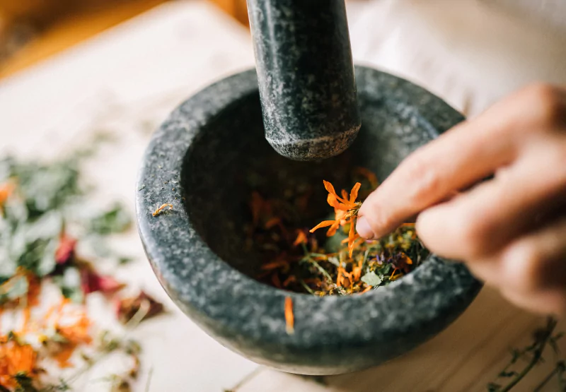 someone grinding herbs with a mortar and pestle