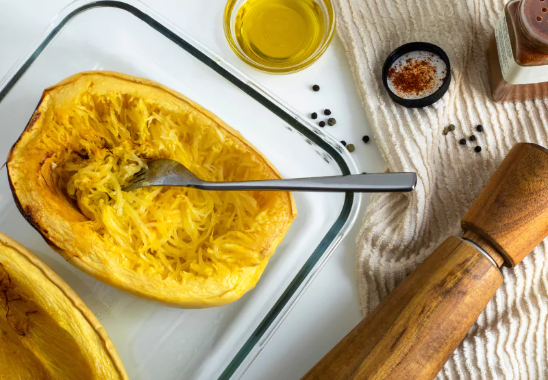 A plate of spaghetti squash with olive oil, salt and a pepper mill in the background