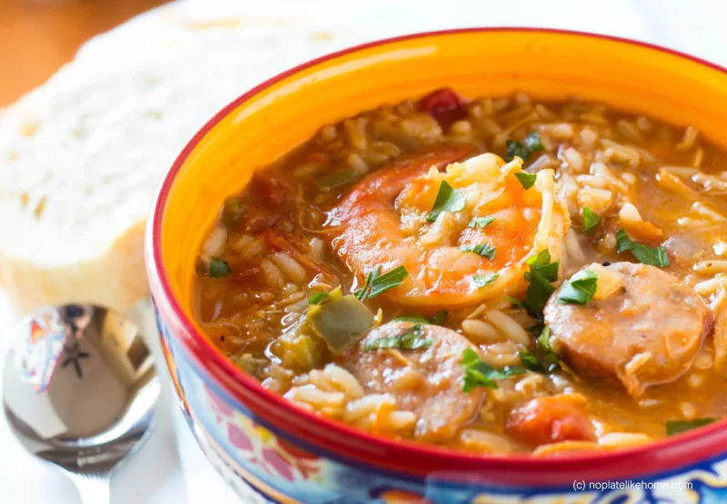 A bowl of sausage and shrimp gumbo