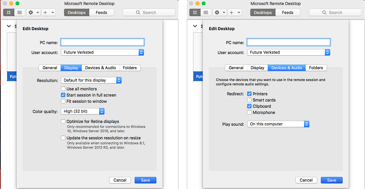Ulike innstillinger for Microsoft Remote Desktop 10
