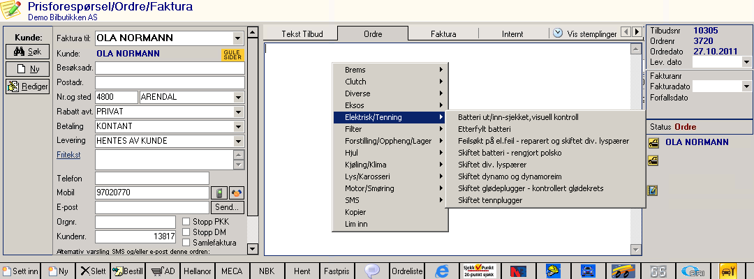 Beskjed i Ordrer-skjermbildet