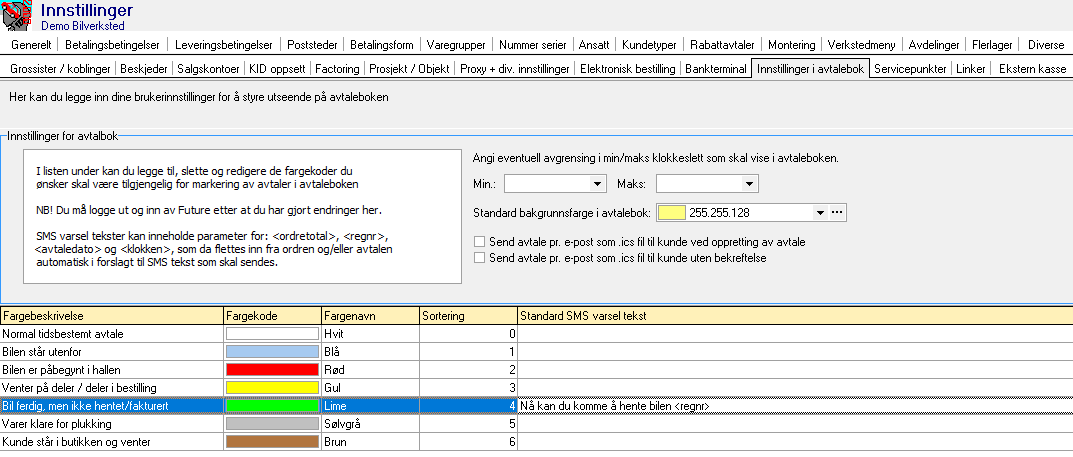 Fane Innstillinger i avtalebok
