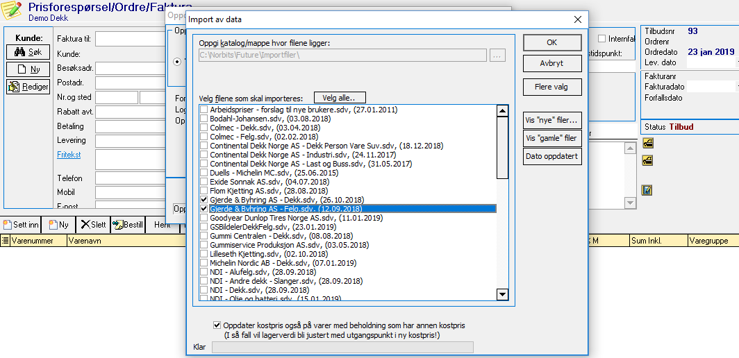 Liste over tilgjengelige vare- og prisfiler