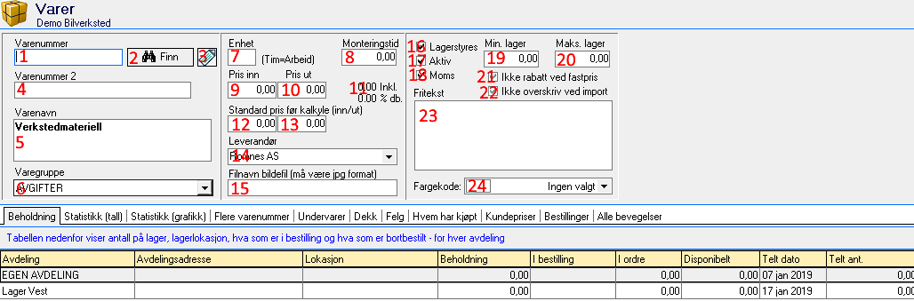 Detaljer på varekortet