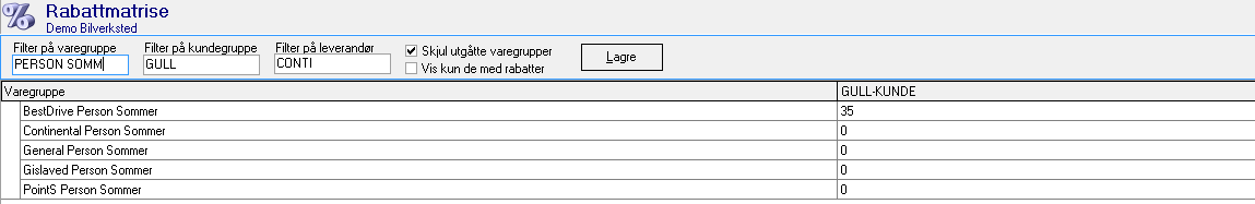 Rabattmatrise med bruk av filter