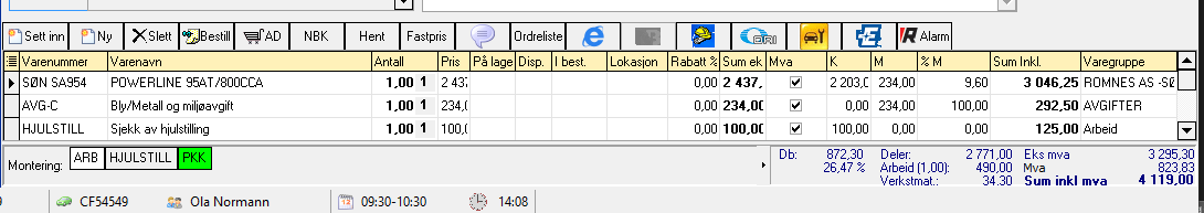 Oversikt over knapperad og kolonner på varelinje