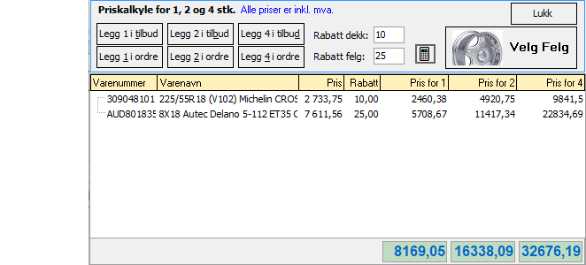 Priskalkyle for dekk og felg