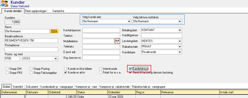 Valg for samlefaktura på kundekortet.
