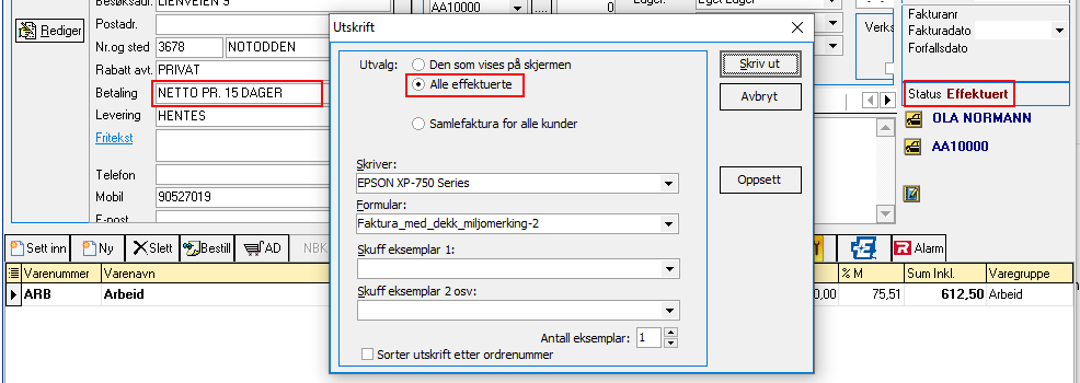 Fakturering av effektuerte ordrer