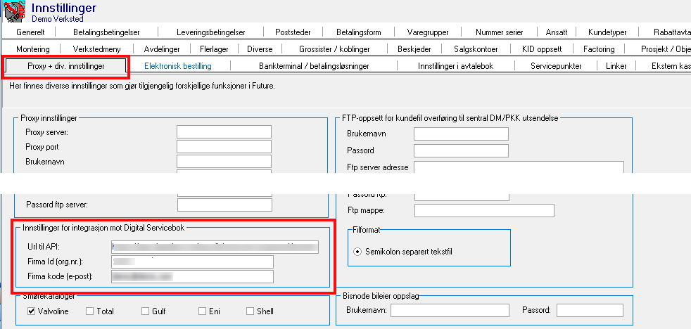 Innstillinger for Digital Servicebook