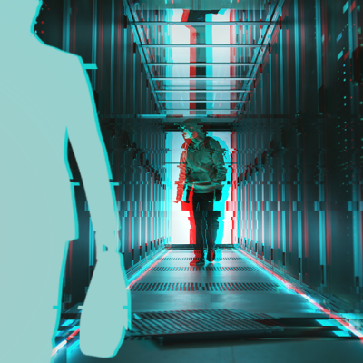 Glitched style image of a person walking down a corridor of server racks