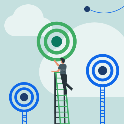Illustration of a person standing on top of a ladder and moving a target