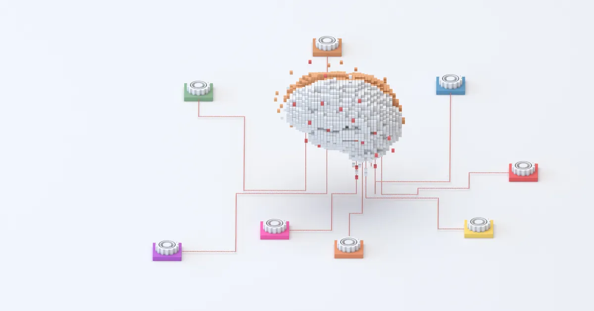 Large brain in center of image with nodes connected.