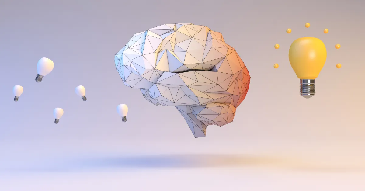 Large stylized brain with lightbulbs surrounding them.