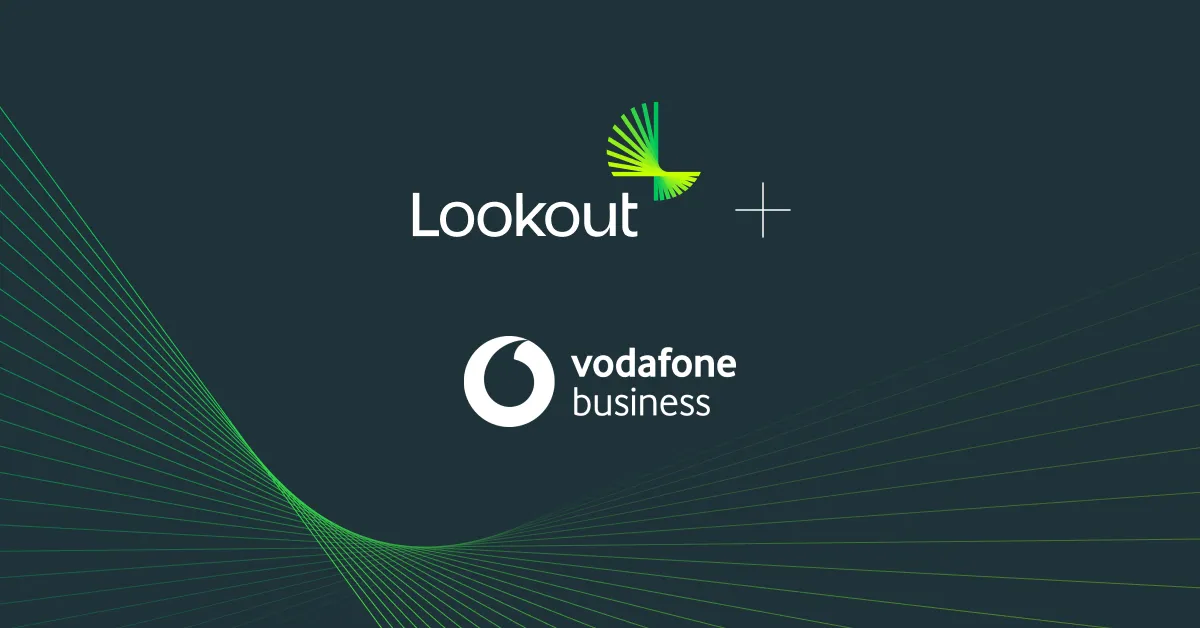 Partnership between Lookout and Vodafone Business over a stylized geometric background.