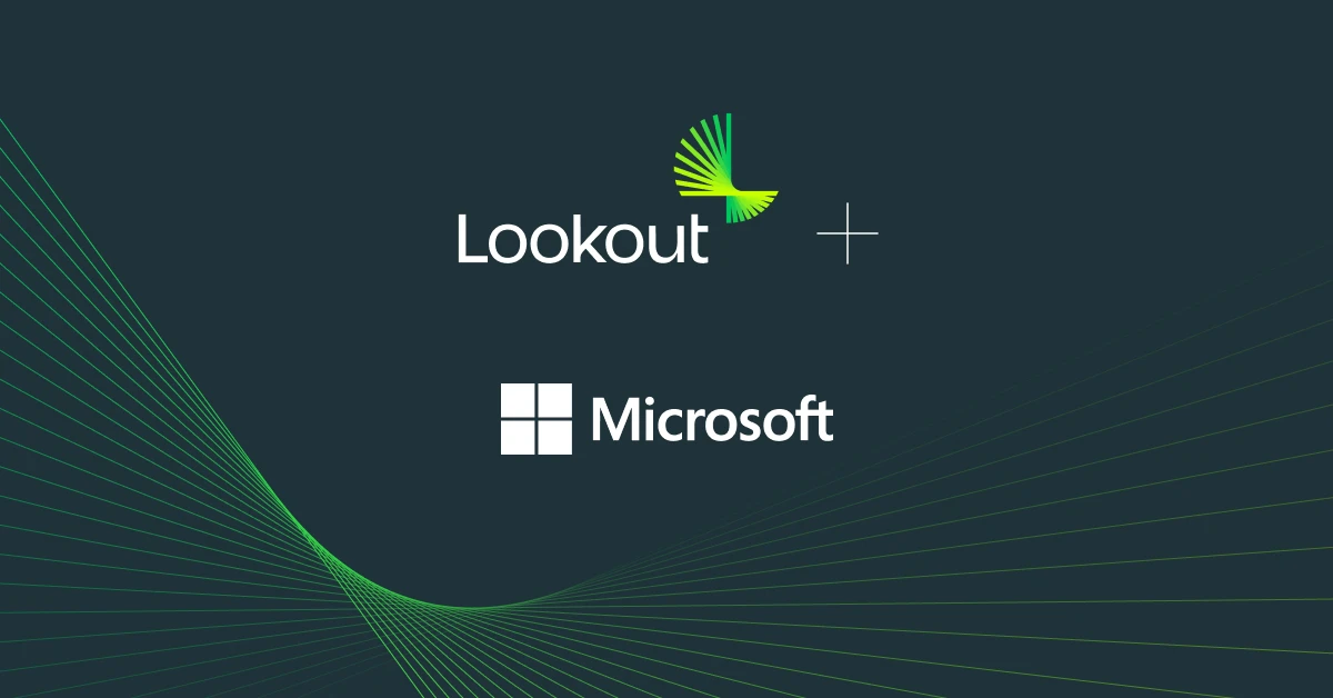 Partnership between Lookout and Microsoft over a stylized geometric background.