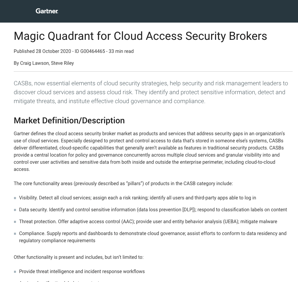 Gartner Magic Quadrant CASB 2020 Report Lookout