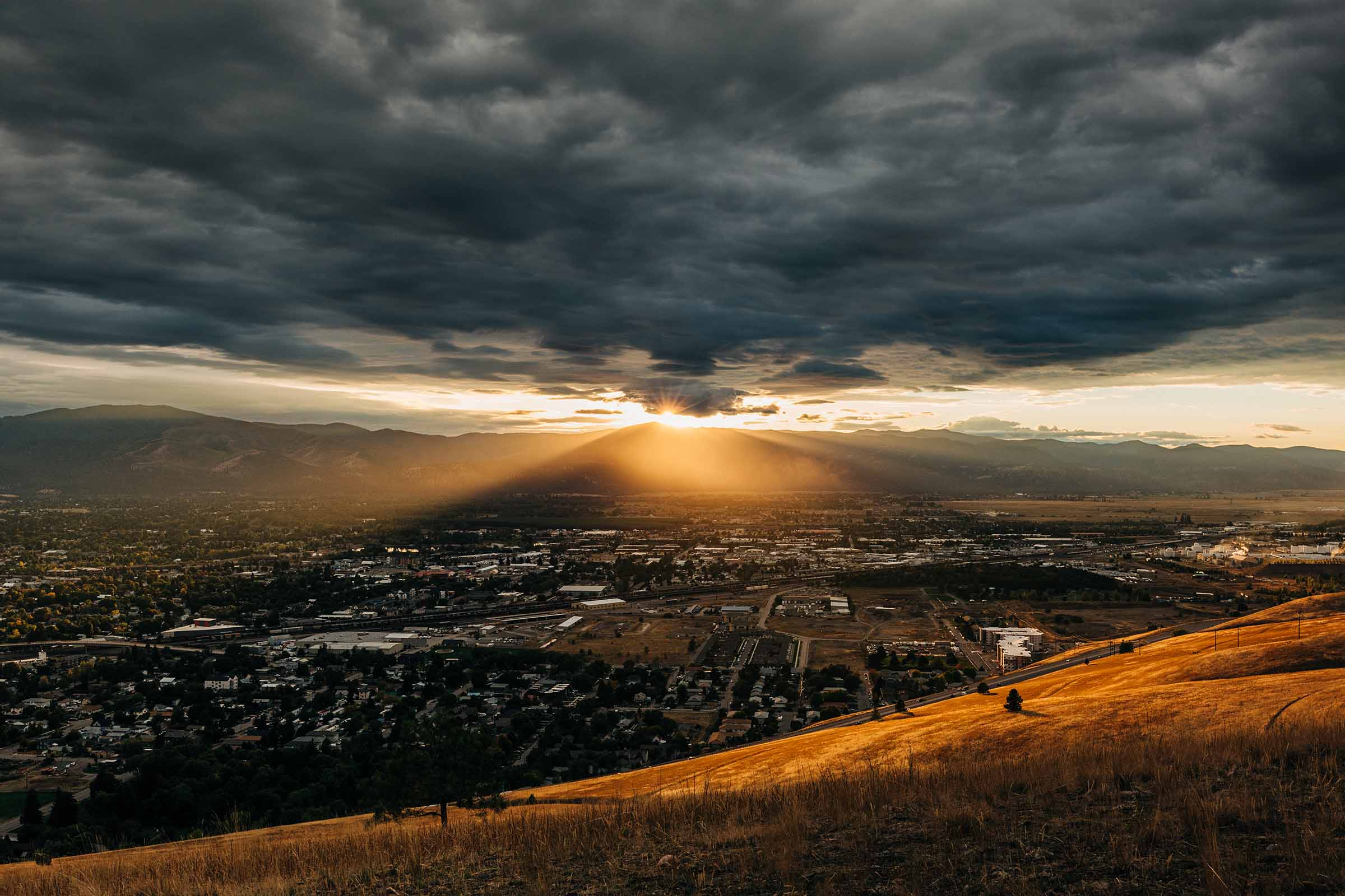 A beautiful sunset with dramatic clouds over Missoula, Montana.