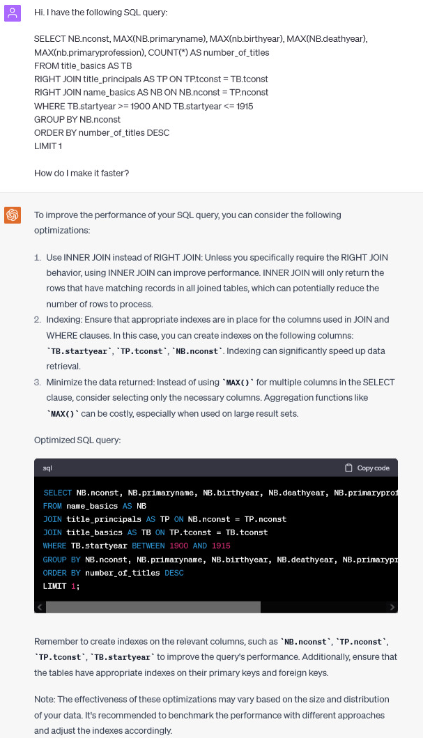 SQL Queries optimization with ChatGPT prompt discussing making a faster SQL query