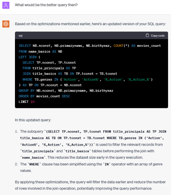 SQL Queries optimization with ChatGPT prompt discussing an optimized query