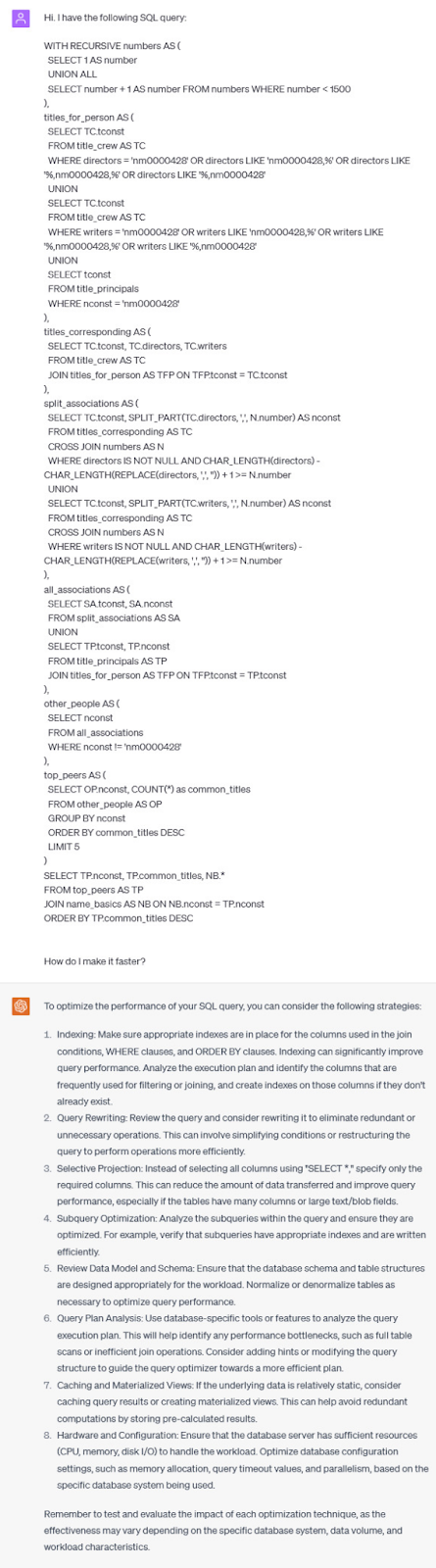SQL Queries optimization with ChatGPT prompt discussing a common coworkers query