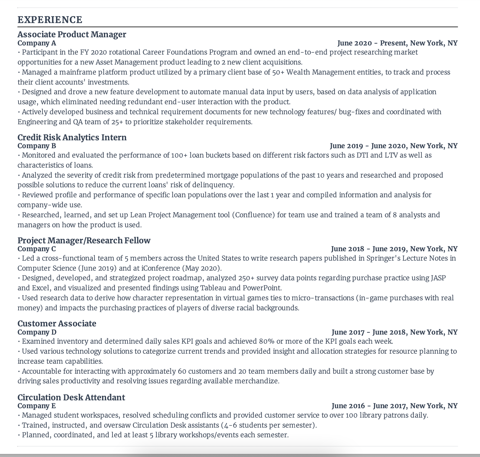 Associate product manager example for a reverse chronological resume