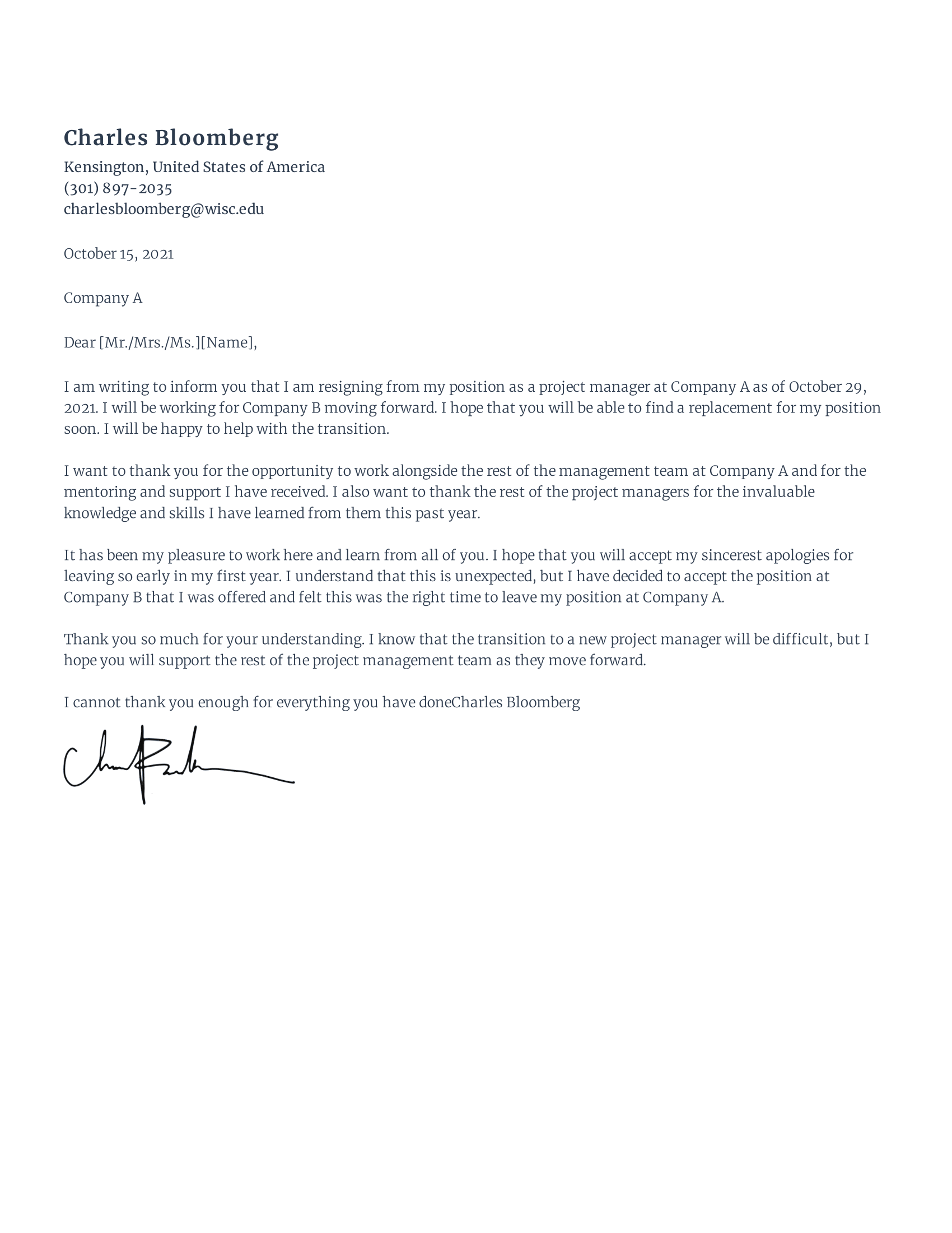 Free Project Manager Resignation Letter Sample - Rezi - How To Resign As Manager On Fifa 22
