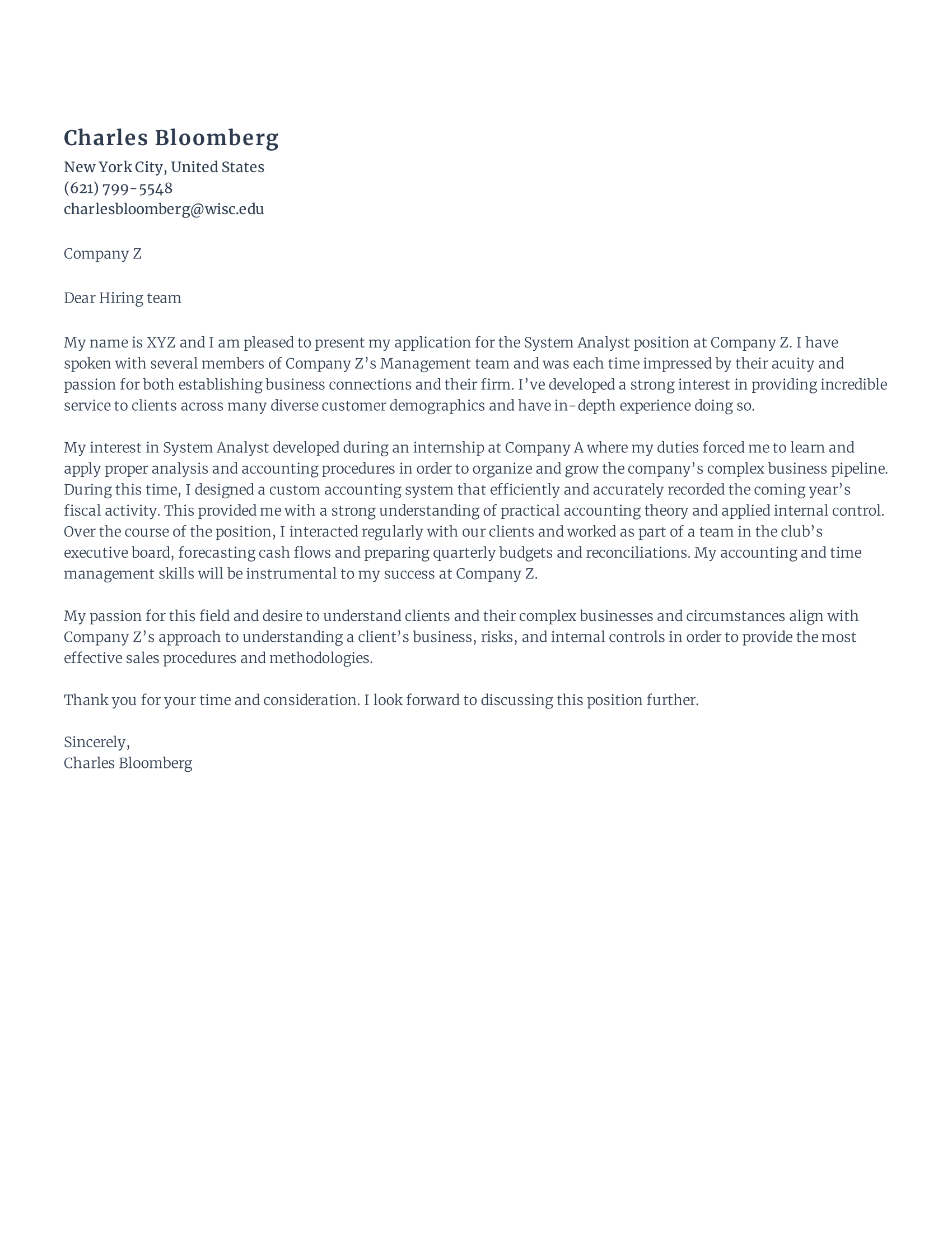 Free Entry Level System Analyst Cover Letter Sample - Rezi