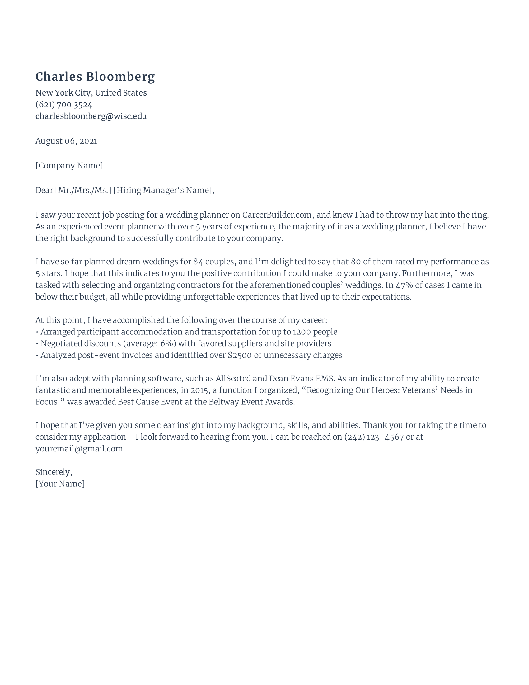 Free Event Planner Cover Letter Sample Rezi